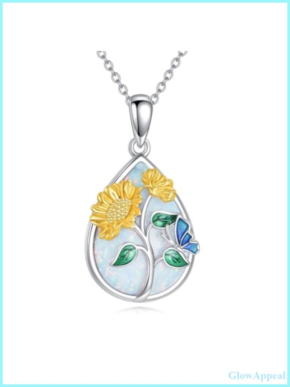 Sterling Silver Opal Sunflower Teardrop Pendant Necklace 18+2 in